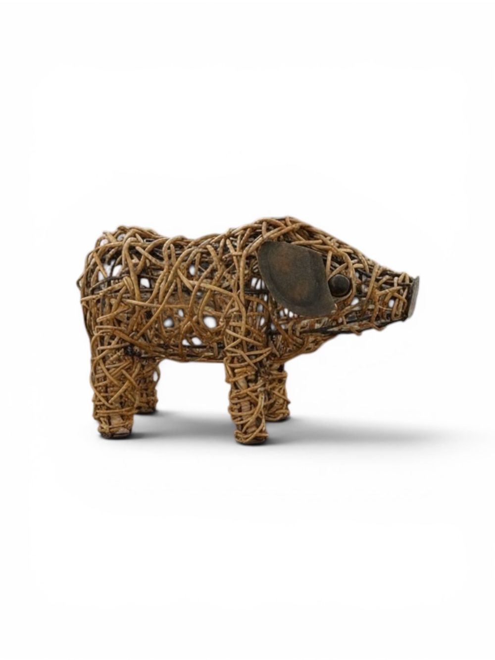 Wicker & Metal Pig Figurine Rattan Boho Modern Organic Farmhouse Decor 18"
